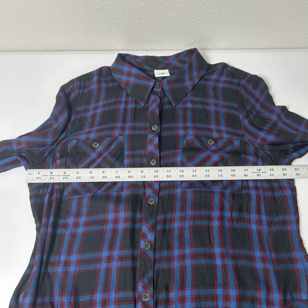 Cabi 3431 Button Up Peplum Top Womens Size L Blue Black Moody Plaid Long Sleeve - Picture 9 of 13